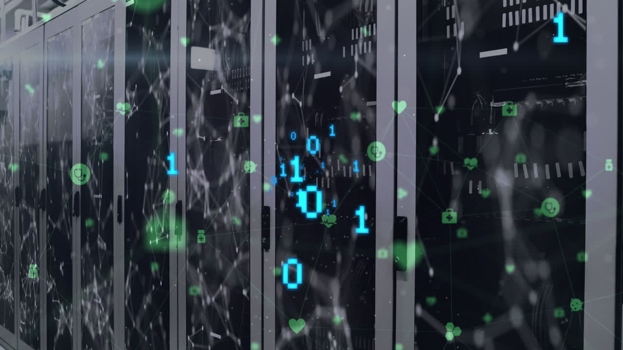 Animation of binary coding over network of connections and digital icons against server room