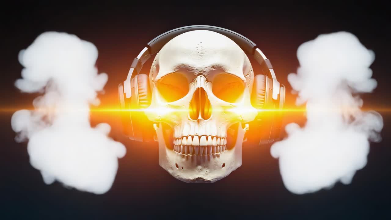 Skull Wearing Headphones with Glowing Eyes and Smoke