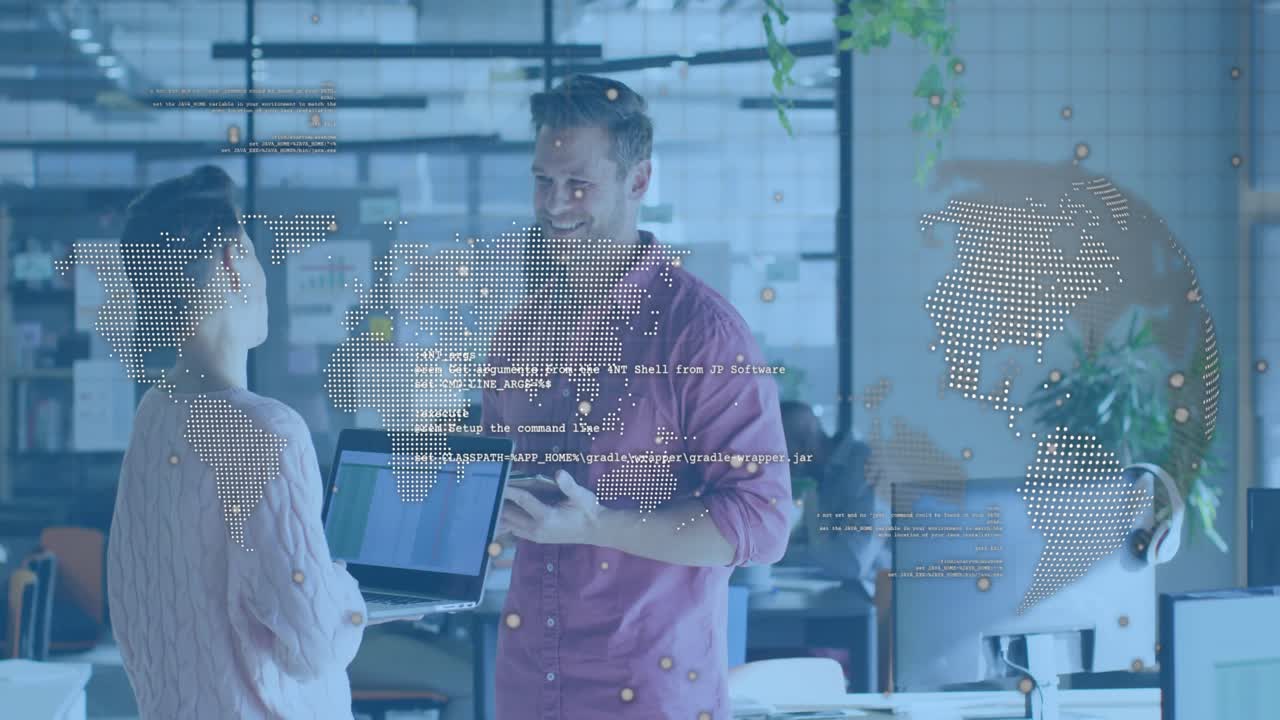 Man tapping smartphone after woman presenting laptop guiding code review with map overlay in office