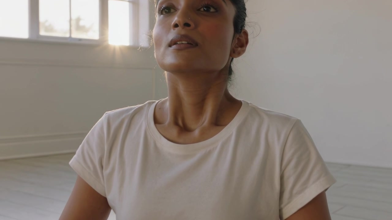 Inhaling woman wearing T-shirt lifting chin and neck on studio floor for exercise, window light