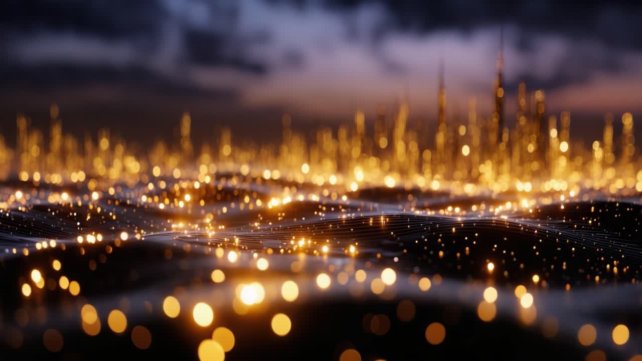 Eine faszinierende Nahaufnahme von leuchtenden goldenen Partikeln, die sich auf einer dunklen Oberfläche vor einem verschwommenen Hintergrund aus funkelndem Licht und einer urbanen Silhouette spiegeln