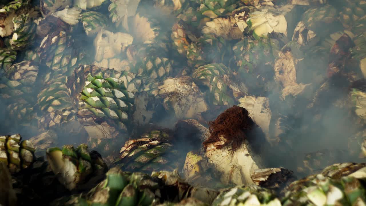 SLOW MOTION SHOT OF AGAVE PINEAPPLES FALLING INTO A FURNACE AT A MEZCAL DISTILLERY IN OAXACA