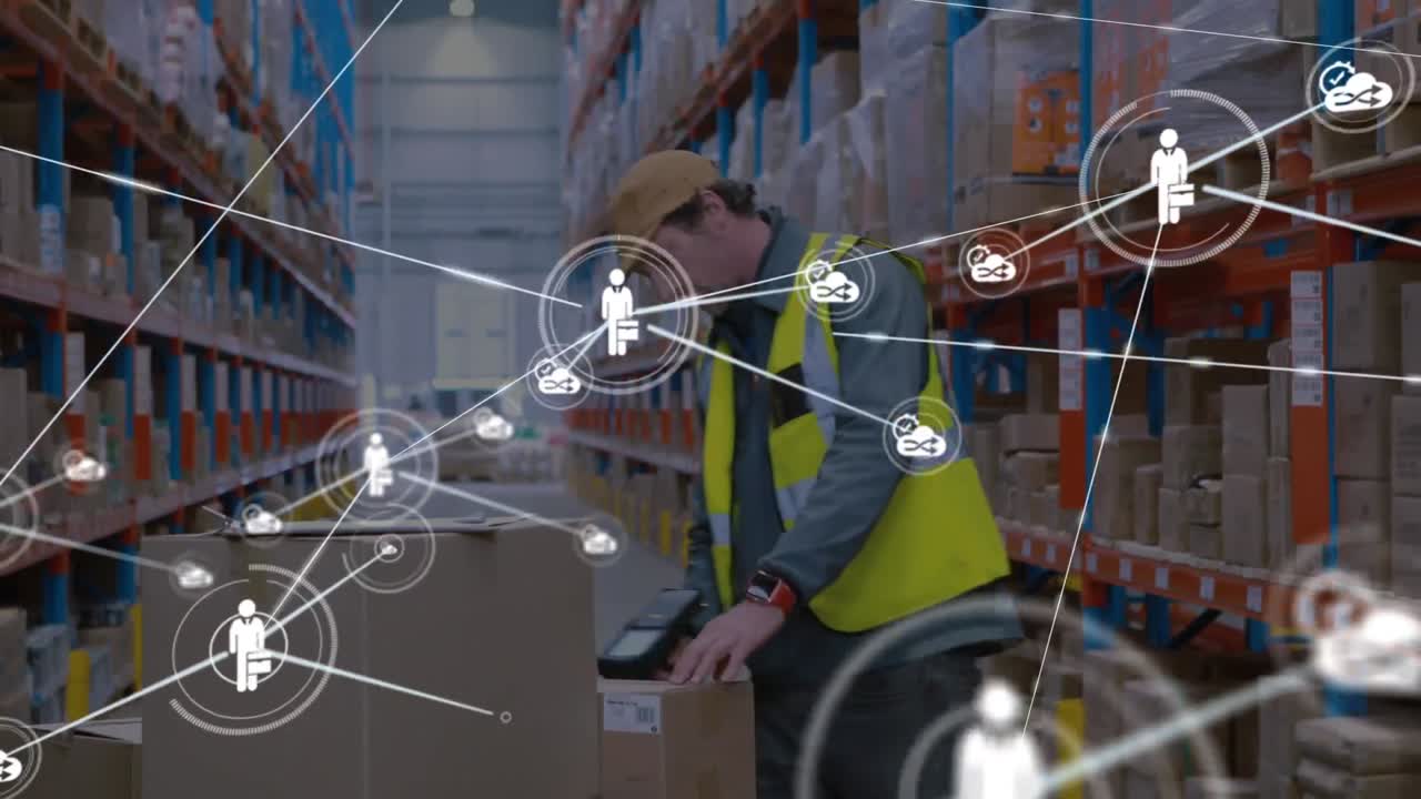 animación de la red de conexiones con iconos sobre el hombre que trabaja en el almacén