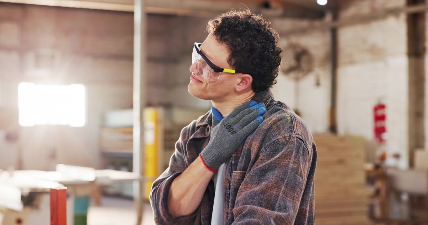 Young Carpenter Feeling Neck Pain in Woodworking Workshop