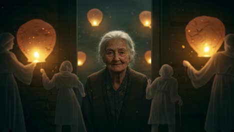 an elderly woman surrounded by magical lanterns, embracing memories and light, as ghostly figures emanate a sense of nostalgia and dreams in a mysterious setting