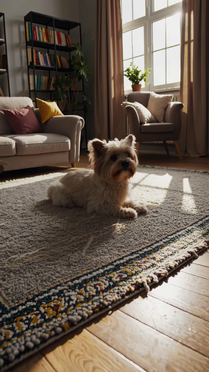 Cozy living room with a dog on a rug, captured from a low angle