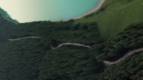 Vertical-Shot-Of-Dense-Foliage-And-Mountain-Road-Surrounding-Frumoasa-Dam-In-Harghita,-Romania-In-Summer