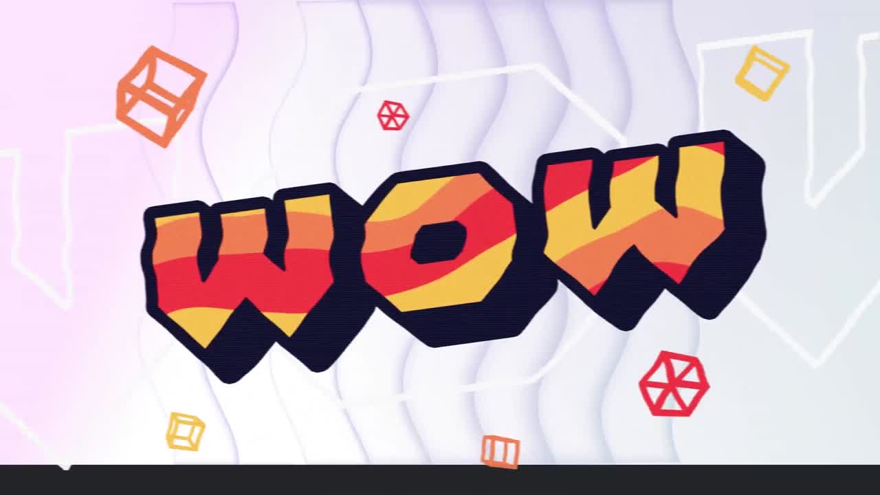 오렌지색과 빨간색으로 물결 모양의 선과 희미한 배경에 움직이는 모양의 와우 텍스트의 애니메이션