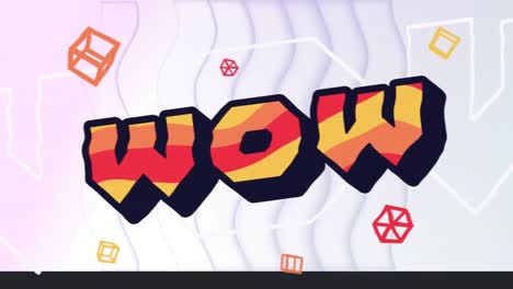 animación de texto wow en naranja y rojo sobre líneas onduladas y formas en movimiento en fondo pálido
