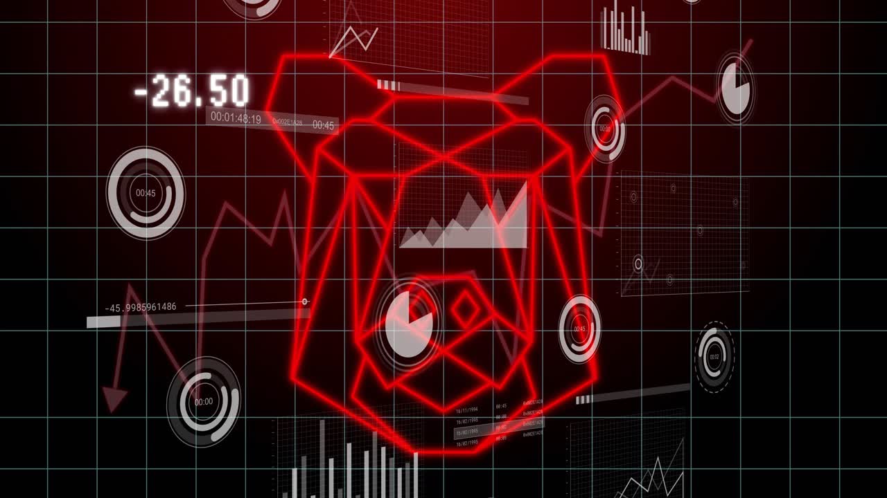 Faint red marker appearing triggers red wireframe emblem forming, growing, pulsing, showing metrics