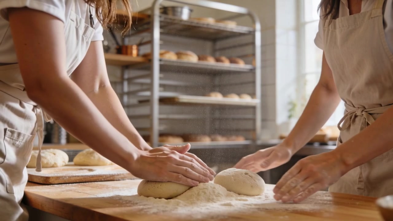 Rubbing hands, two bakers dusting flour, lifting dough shaping loaves for baking at bench in aprons