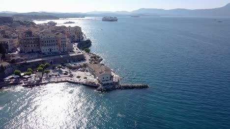 Revealing-Aerial-of-Faliraki-Corfu-City-Old-Town,-Greece