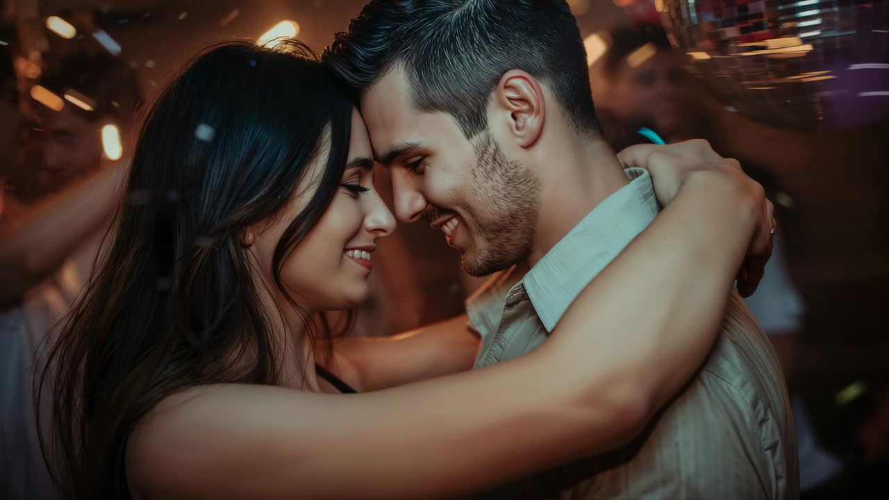 Dancing couple in tank and button shirt, music playing in club, holding close with disco ball