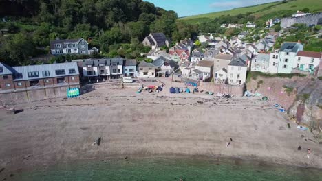 kingsands village cornwall with picturesque views from pull out aerial drone, uk