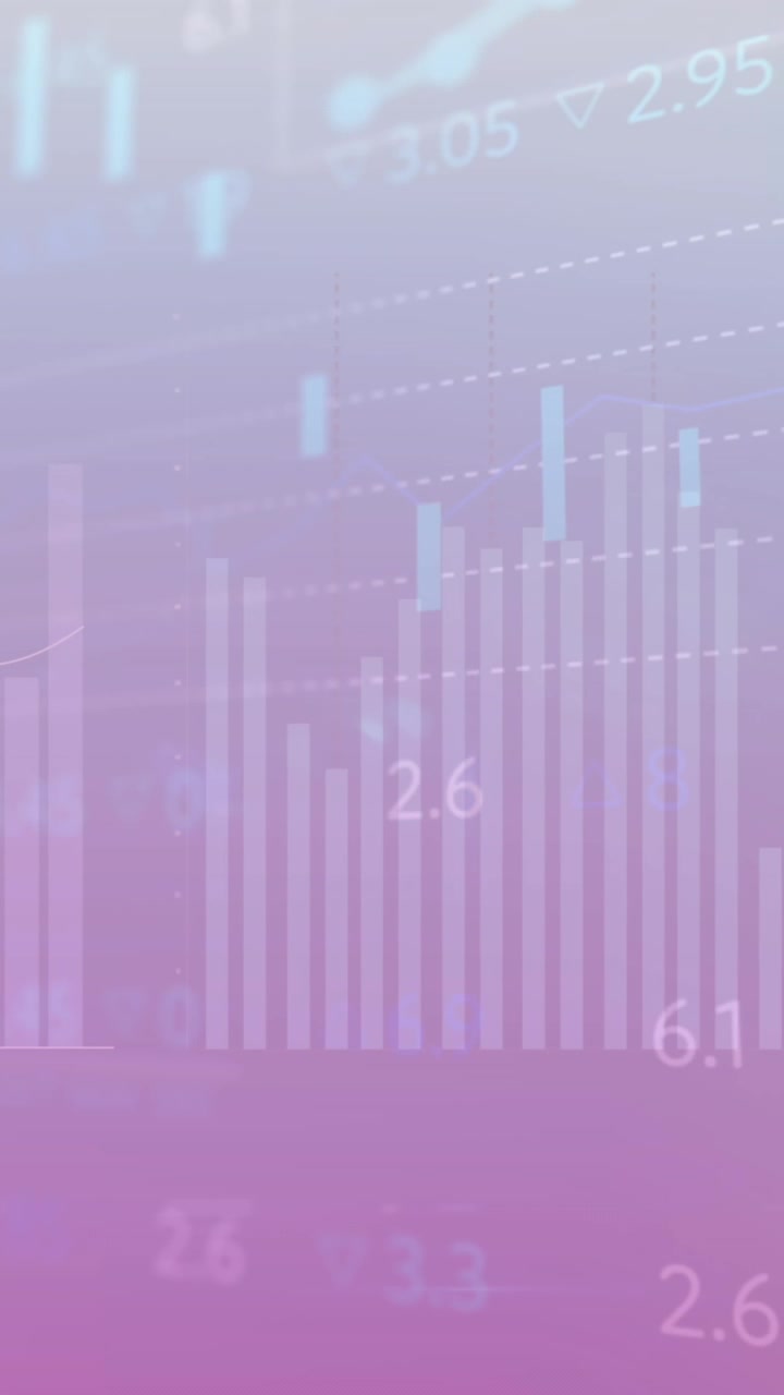 Animazione di grafici multipli, cerchi di caricamento e tabellone di trading su sfondo sfumato.