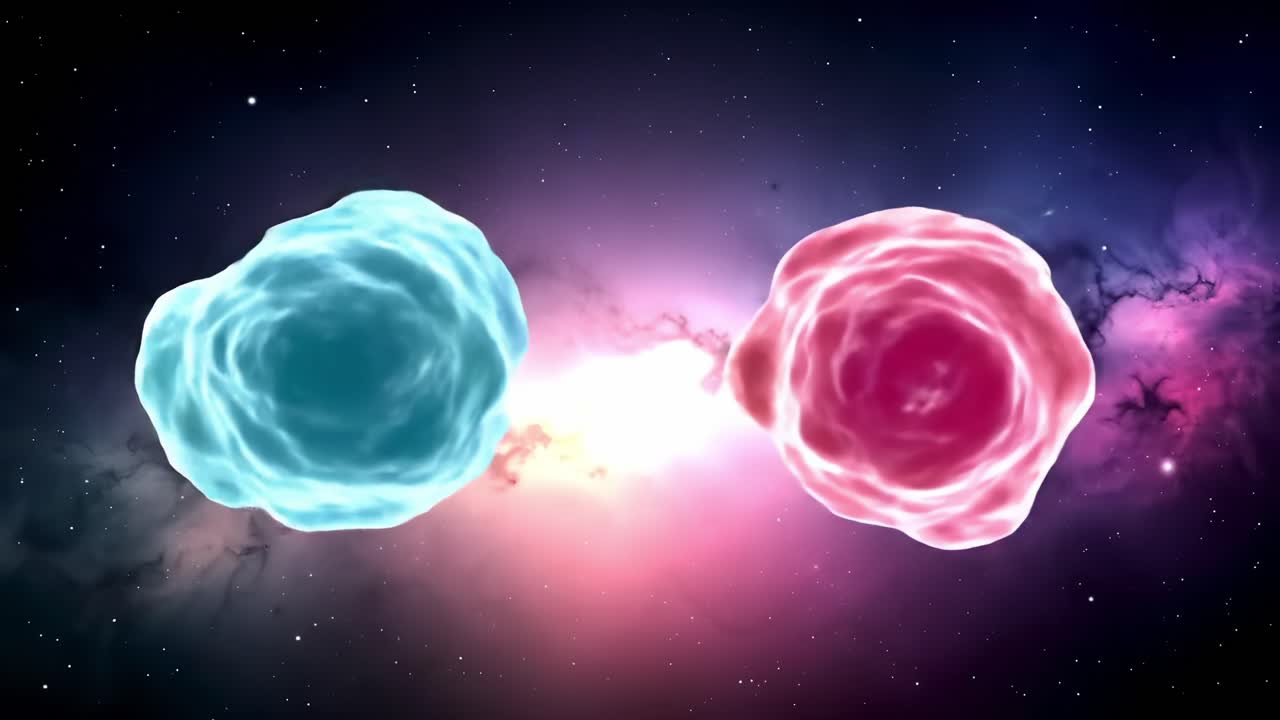 Visual Representation of Energetic Interactions Between Blue and Red Celestial Entities Amidst a Cosmic Background Featuring Stars and Nebulae