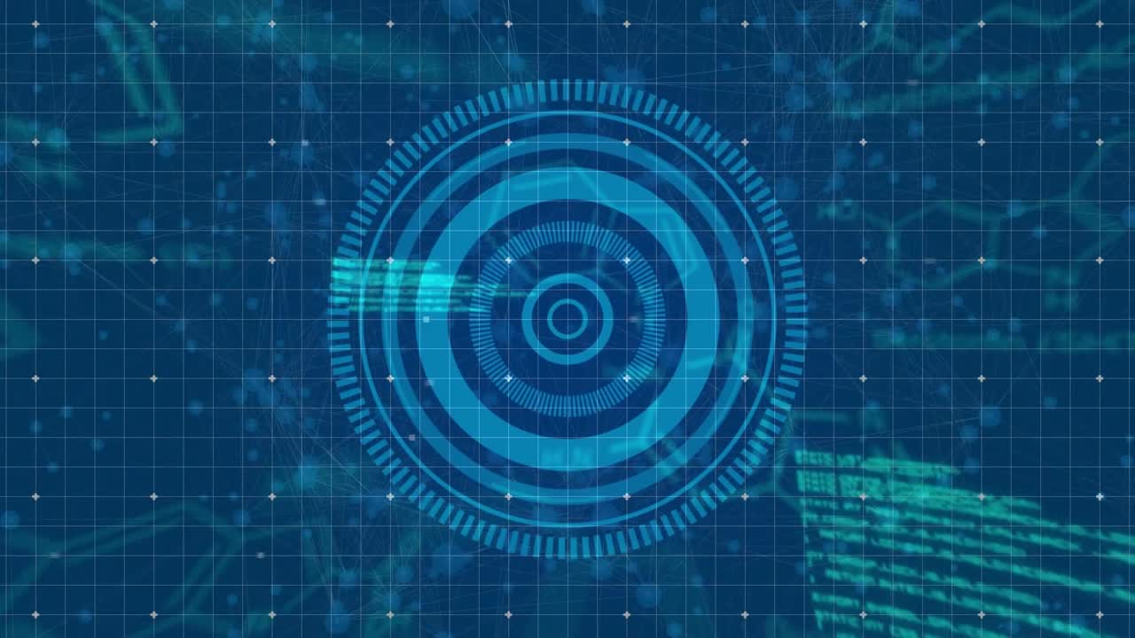 Data processing over round scanner against molecular and chemical structures on blue background
