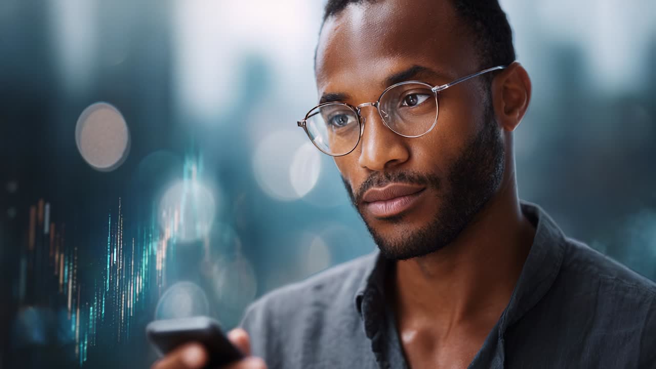 Focused Individual Engaging with Mobile Device While Observing Data Trends in a Modern, Urban Environment, Depicting Concentration and Technology Integration in Daily Life