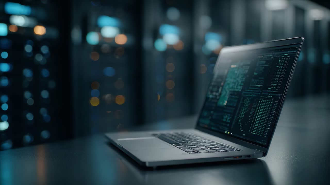 A sleek laptop displaying intricate data on a dark workspace surrounded by a backdrop of glowing server arrays, representing modern technology and data analysis