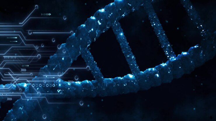 Animation of digital data processing, circuit board over dna strand