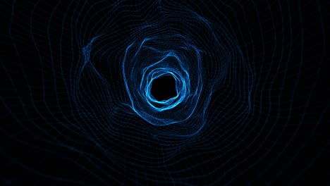 fondo de gráficos de movimiento con malla geométrica de agujero de gusano brillante azul. animación de vuelo simple a través de túnel abstracto