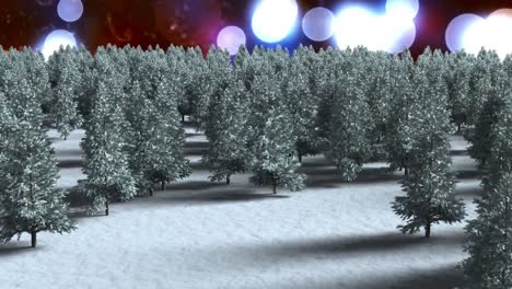 Mehrere-Bäume-In-Der-Winterlandschaft-Vor-Lichtflecken-Auf-Rotem-Hintergrund