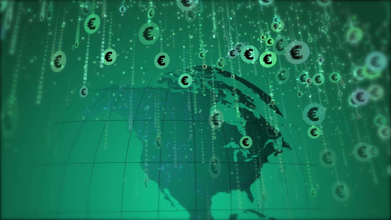 Round euro symbols falling down like rain on the background of a rotating earth globe. Green looped animation for business. European Union coin.