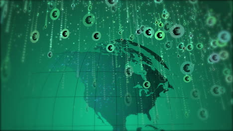 Round euro symbols falling down like rain on the background of a rotating earth globe. Green looped animation for business. European Union coin.