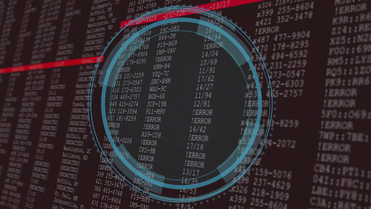 animación circular sobre códigos de error y datos en fondo oscuro