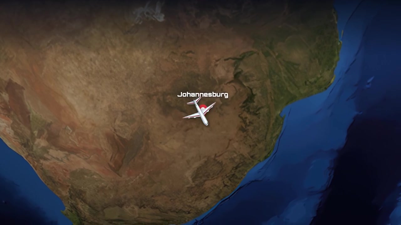 Satellite view animation follows a commercial airplane flying from Madrid across Africa to Johannesburg