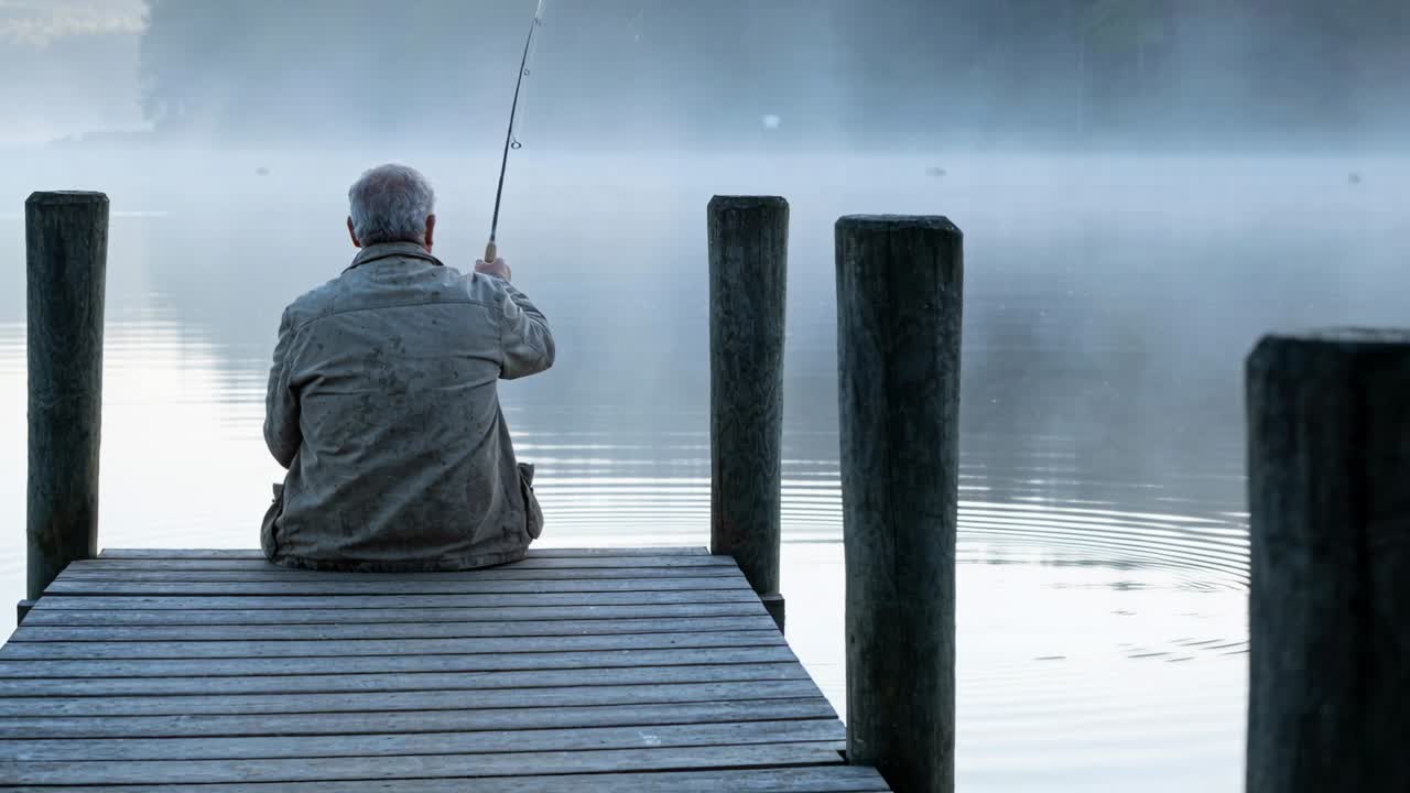 Pescatore anziano con giacca cachi che solleva la canna da pesca reagendo a uno strattone sul pontile di legno, in un lago nebbioso.