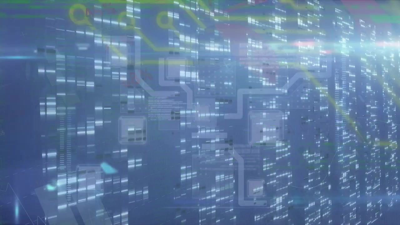 Animation of light spots over data processing on blue background