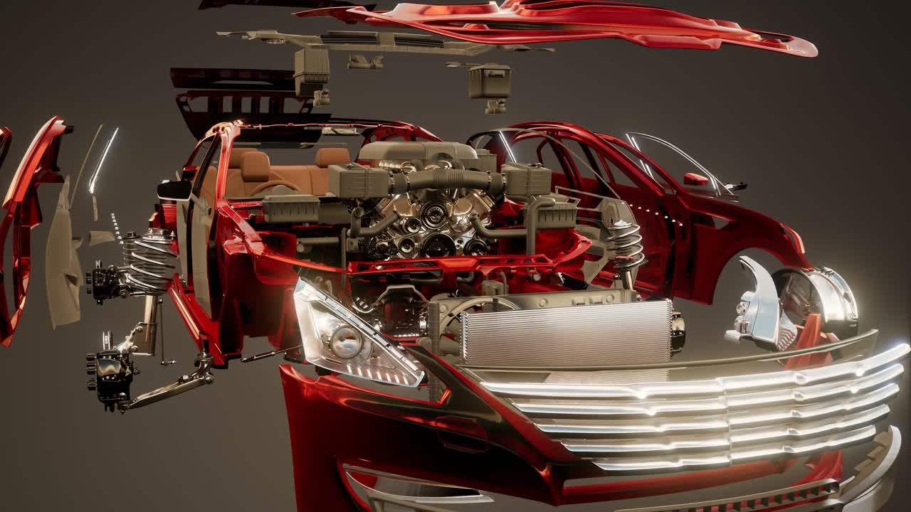 눈에 띄는 부분이 있는 분해된 자동차