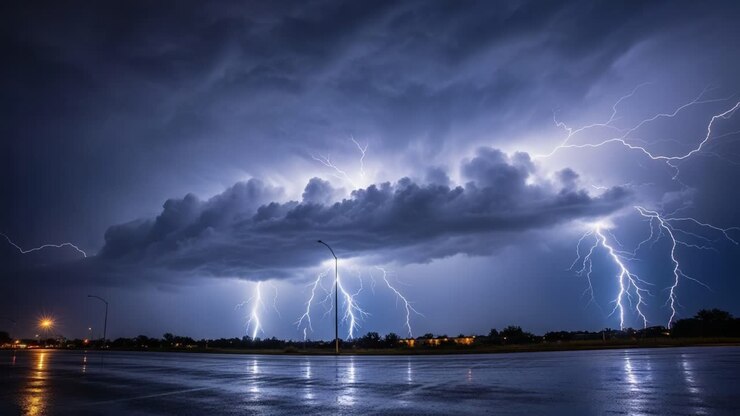 Spettacolare temporale con fulmini su una strada bagnata di notte