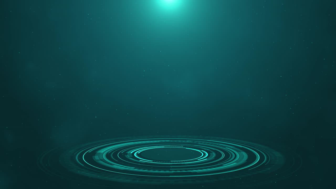 Animation af digitale HUD-ringe over mørk turkis baggrund, omgivet af spredte partikler.