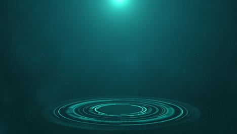 animation digital hud rings over dark teal background surrounded by scattered particles use of