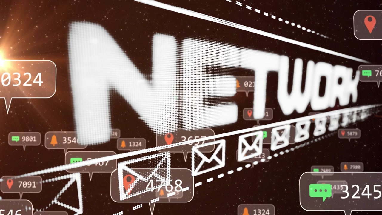 NETWORK dotted text floating in dark red void, showing envelope icons, chat bubbles, pin badges