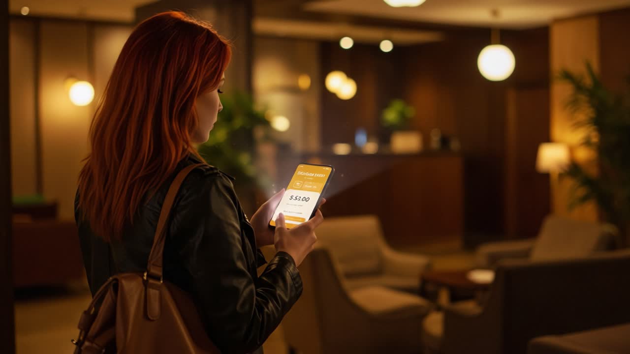 A young woman with striking red hair uses her smartphone in a stylish hotel lobby, illuminated by soft lighting, while engaging with an app on her device
