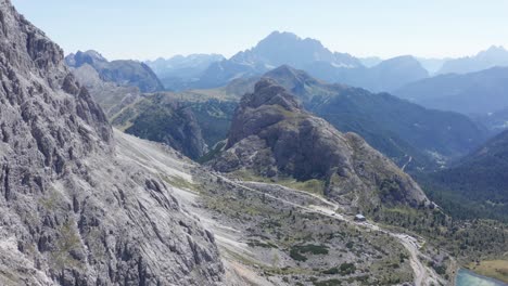 high altitude mountain pass in italian dolomites, aerial mountain landscape with valparola pass