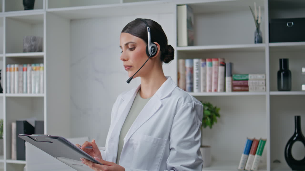 Therapist headset helping patient consulting remotely at clinic office closeup