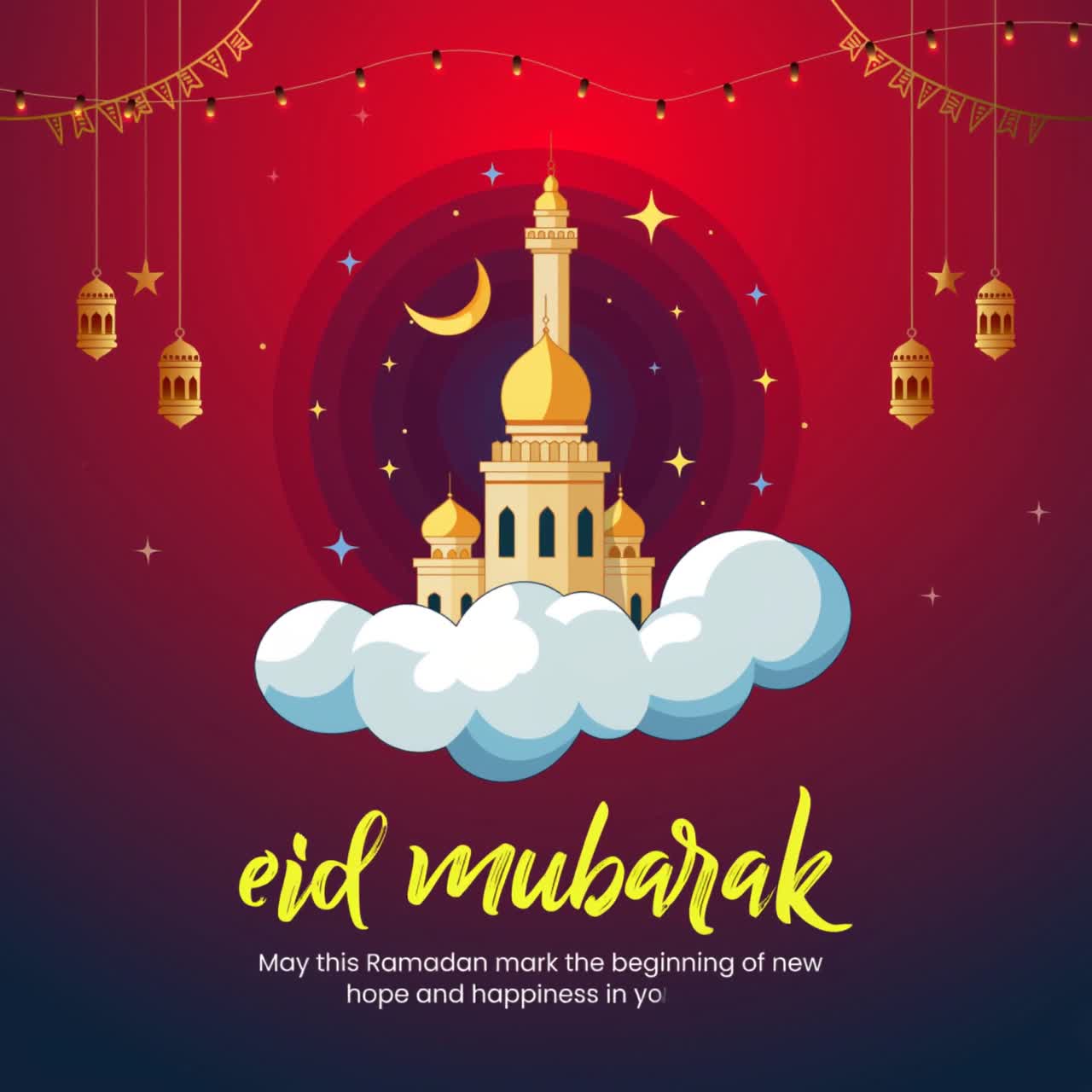 Animazione Eid Mubarak con cupola di moschea, lanterne dorate, falce di luna su sfondo sfumato rosso