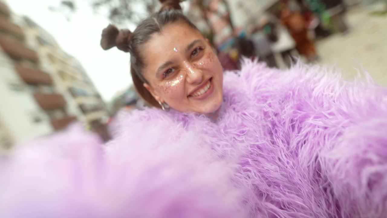 Giovane donna felice con trucco glitterato e cappotto peloso viola che sorride alla fotocamera