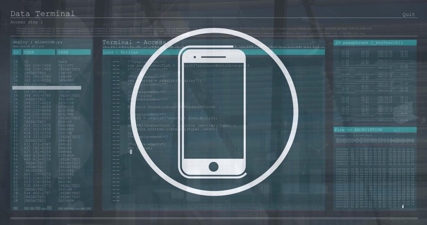 Animation of smartphone icon over interface with data processing against people walking at office
