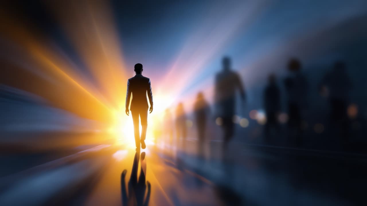 A Figure Walks Towards a Bright Light Surrounded by Silhouetted Shadows, Representing Hope, Journey, and Connection in a Mysterious Atmosphere