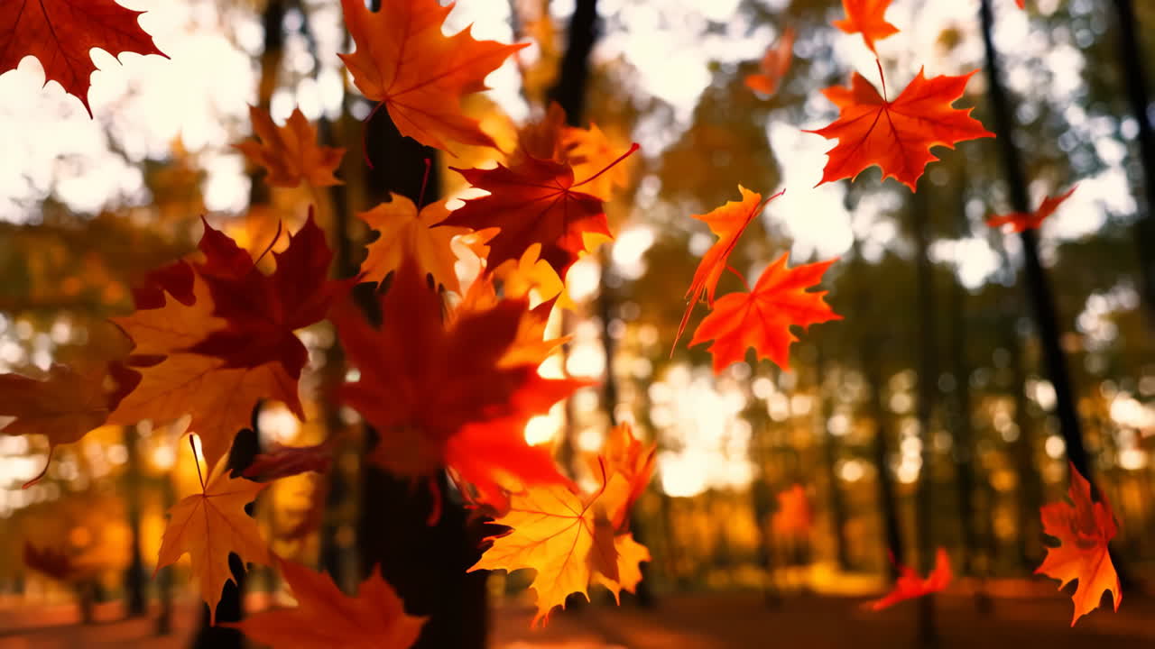 Autumn Maple Leaves Falling in Forest