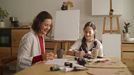 mother and daughter drawing together