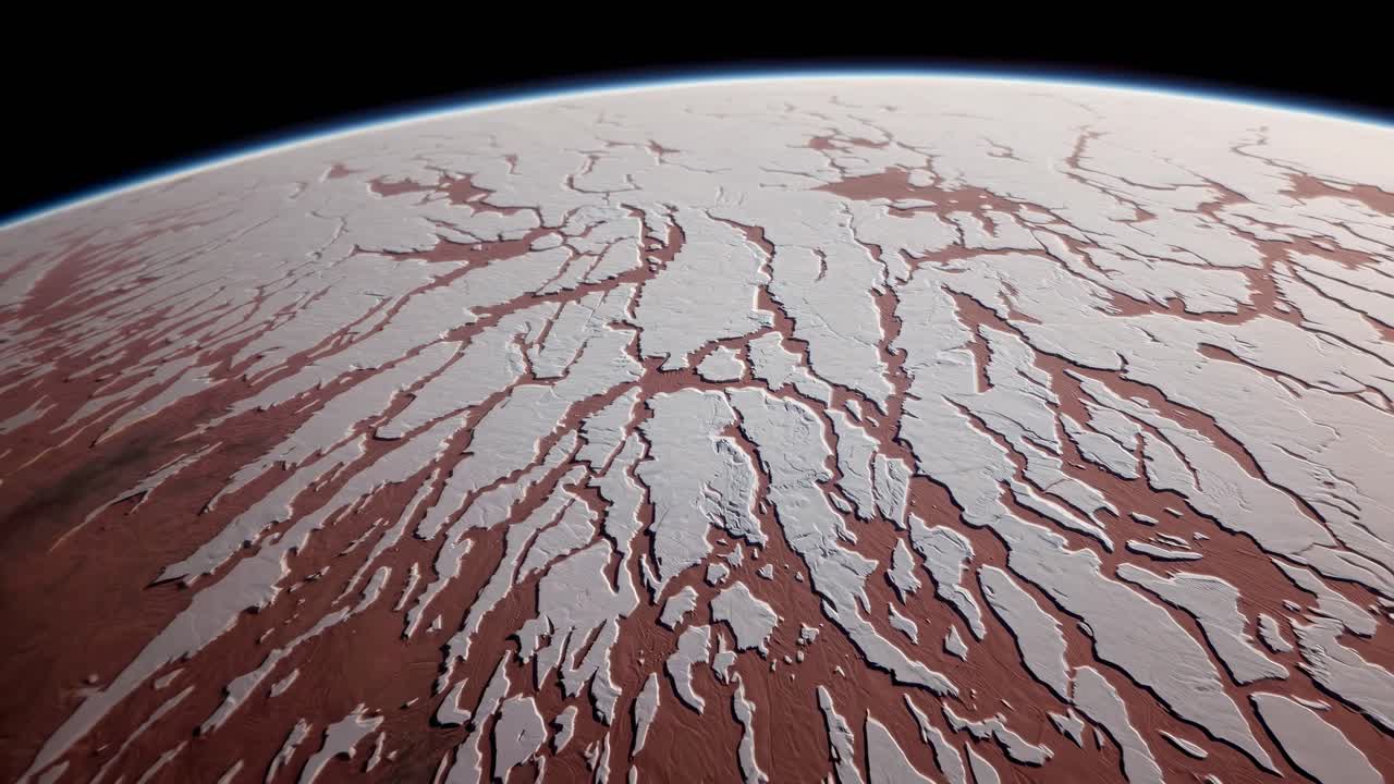 Alien Planet with Fractured Ice and Red Terrain