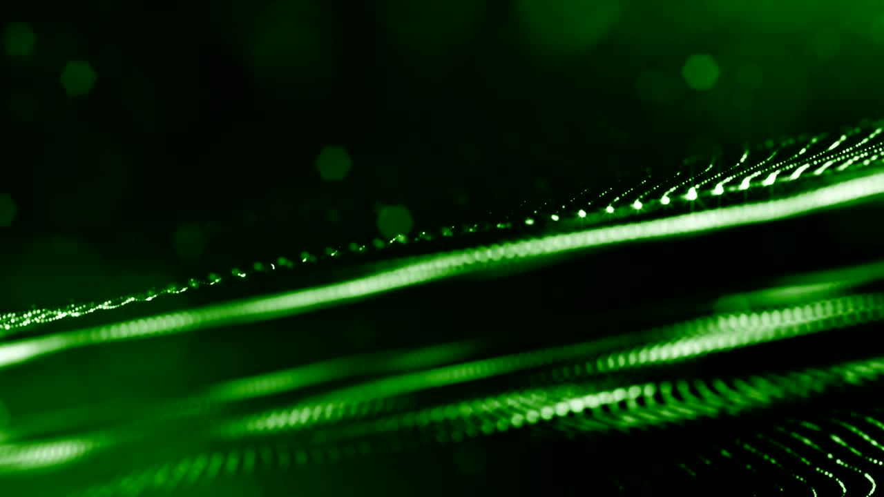 Sfondo verde 3D con fantastiche particelle luminose. Animazione 3D in loop con profondità di campo, effetti di luce. Sfondo digitale moderno. Linee curve 8