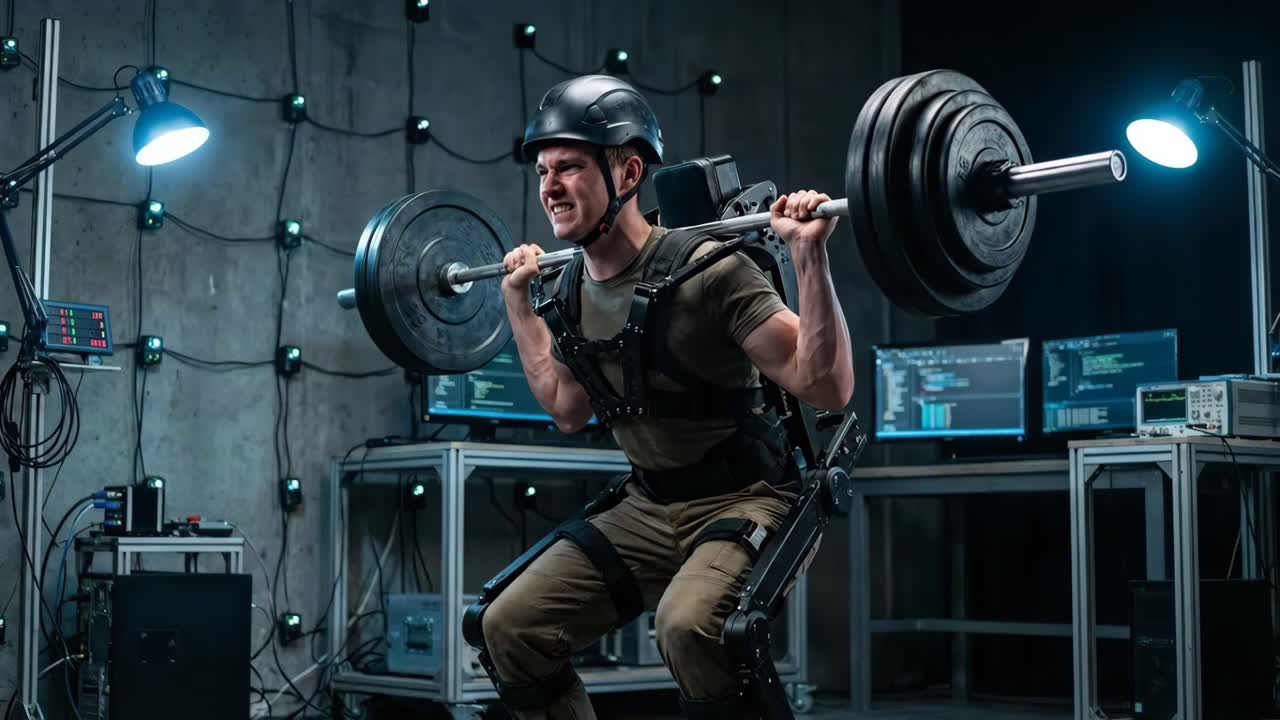 Mand i Exoskeleton, der vægtløfter i laboratorium