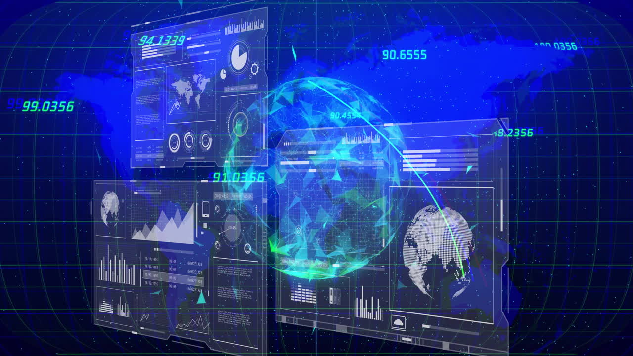 Digital data analytics and global network animation over financial graphs and charts